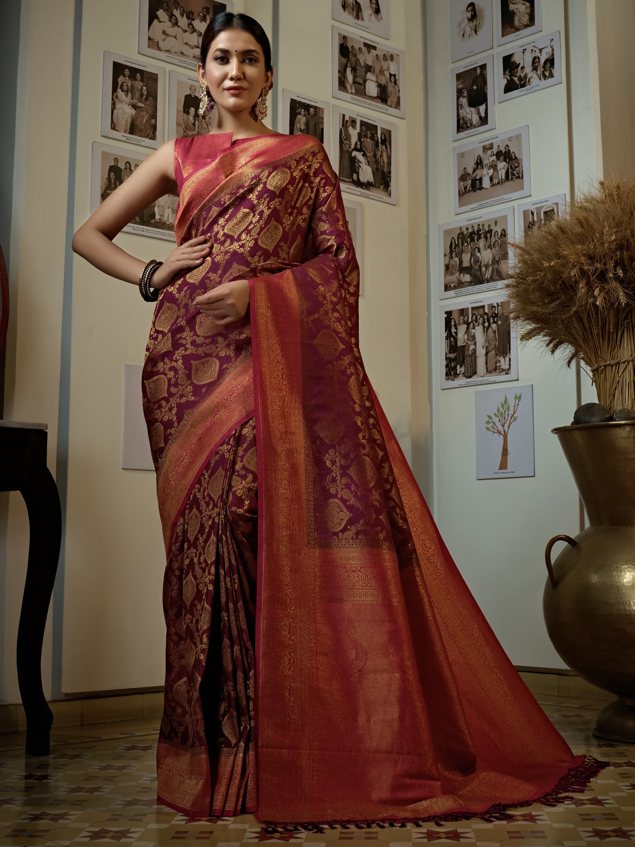 Myrtle Wine Golden Zari Kanjeevaram Silk Saree – House Of Vardha