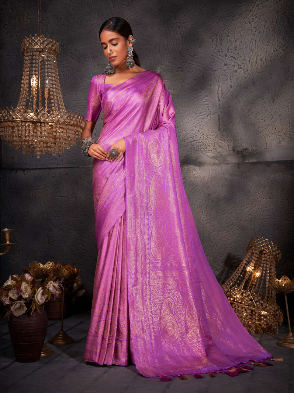 Lilac Gold Zari Kanjeevaram Silk Saree – House Of Vardha