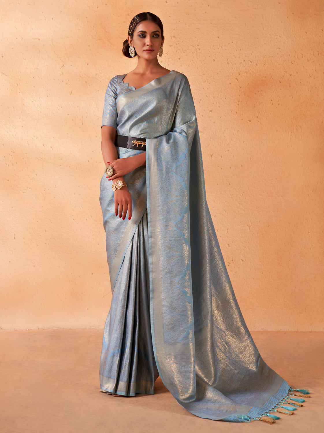 Light Blue Gold Zari Kanjeevaram Silk Saree – House Of Vardha