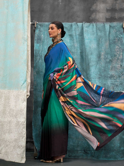 Elegant Black-Teal Blue Floral Digital Print Pure Crepe Silk Saree. Shop online at House of Vardha.