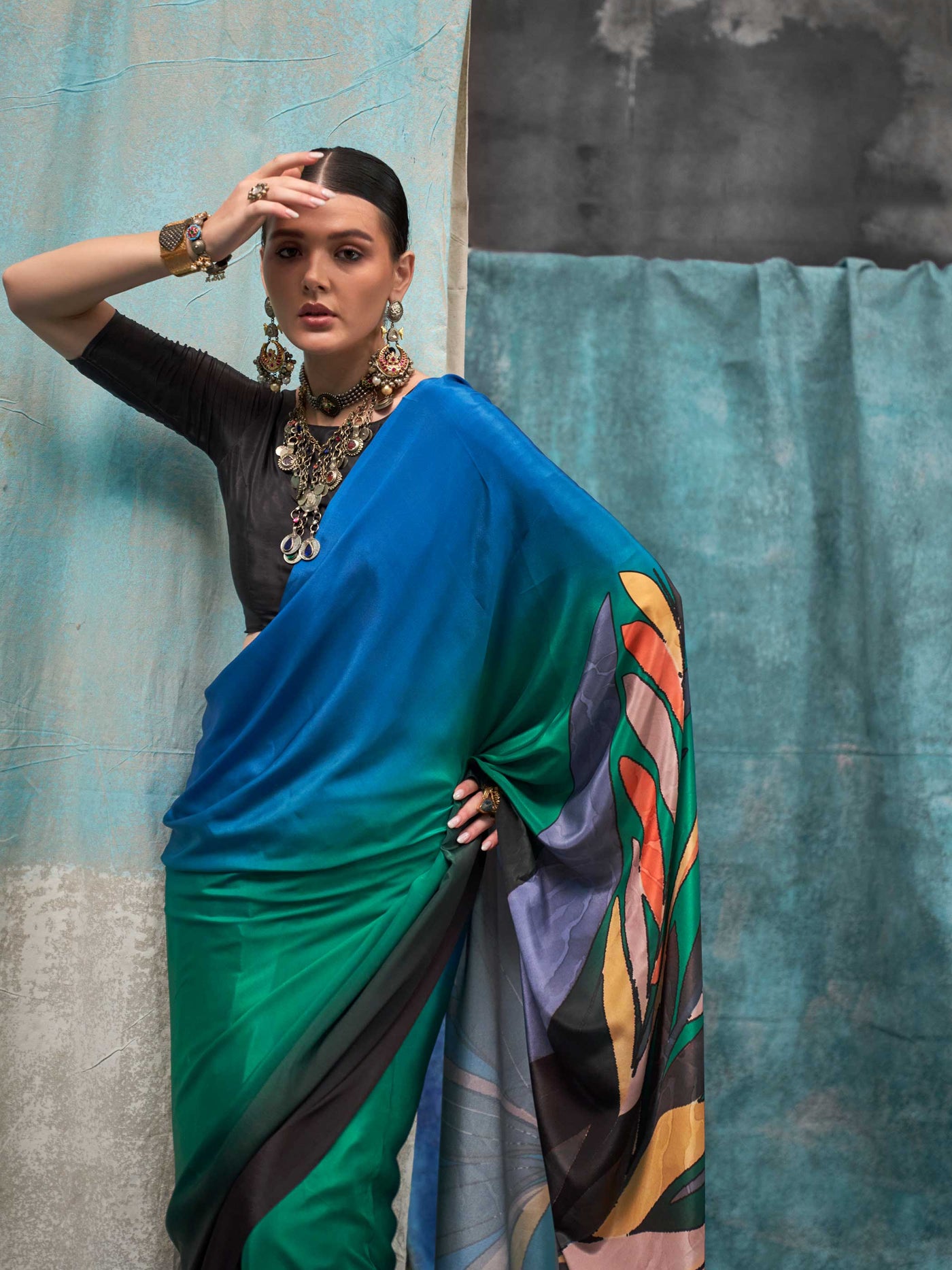 Elegant Black-Teal Blue Pure Crepe Silk Saree with Floral Digital Prints