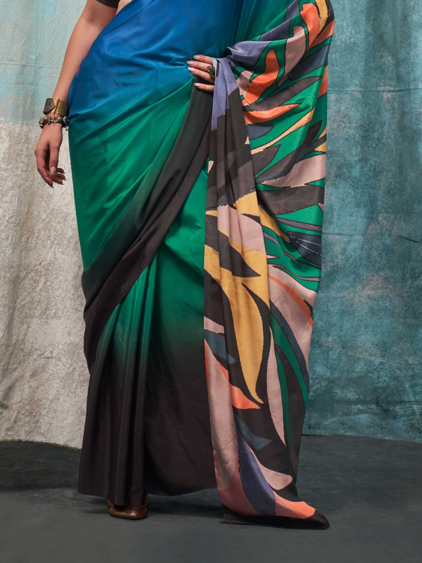 Elegant Black-Teal Blue Pure Crepe Silk Saree with Floral Digital Prints