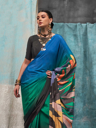 Elegant Black-Teal Blue Pure Crepe Silk Saree with Floral Digital Prints