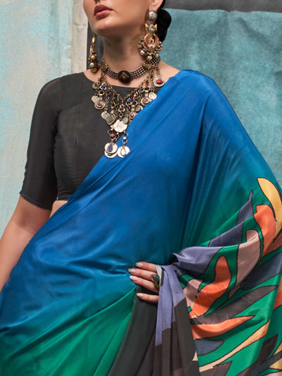 Elegant Black-Teal Blue Pure Crepe Silk Saree with Floral Digital Prints