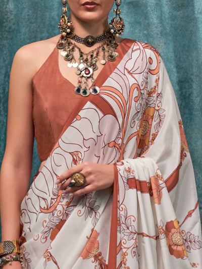 Vibrant Cream-Brown Green Pure Crepe Silk Saree with Kalamkari Prints