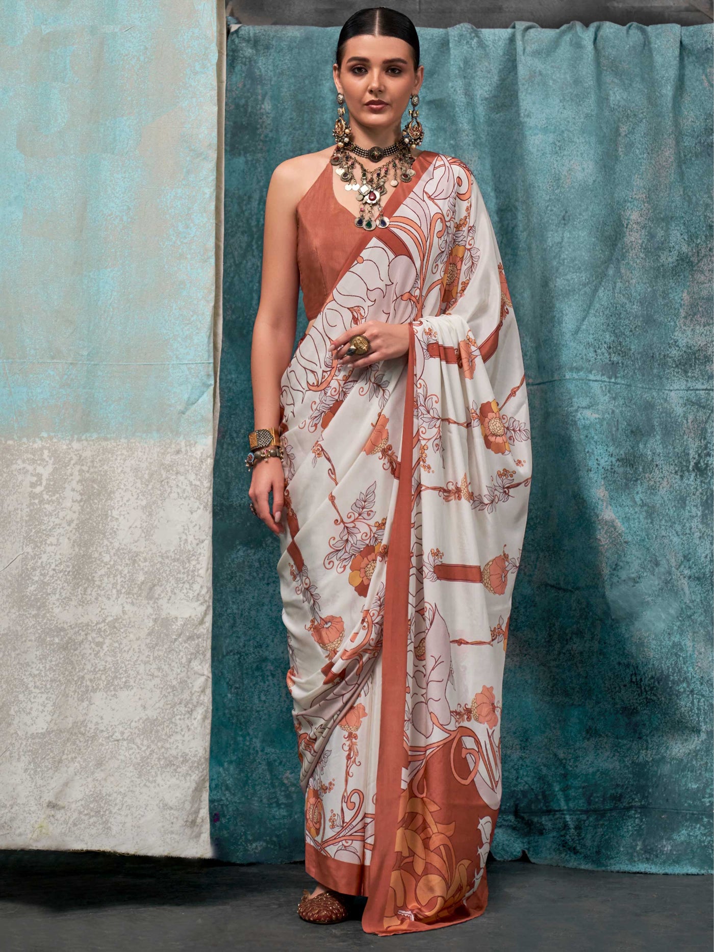 Vibrant Cream-Brown Green Kalamkari Print Pure Crepe Silk Saree. Shop online at House of Vardha.