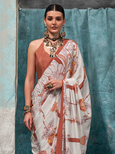 Vibrant Cream-Brown Green Pure Crepe Silk Saree with Kalamkari Prints