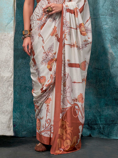 Vibrant Cream-Brown Green Pure Crepe Silk Saree with Kalamkari Prints