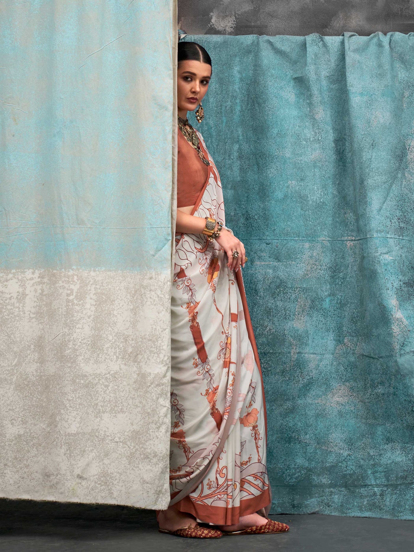 Vibrant Cream-Brown Green Pure Crepe Silk Saree with Kalamkari Prints