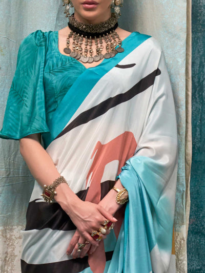 Graceful Sky Blue-Teal Blue, Pure Crepe Silk Saree with Floral Digital Prints