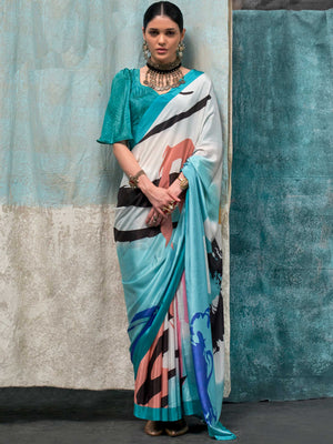 Graceful Sky Blue-Teal Blue Floral Digital Print Pure Crepe Silk Saree. Shop online at House of Vardha.