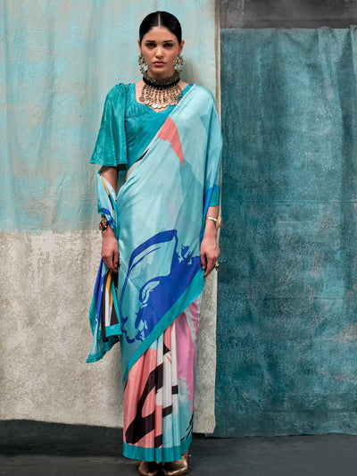 Graceful Sky Blue-Teal Blue, Pure Crepe Silk Saree with Floral Digital Prints