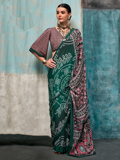 Sophisticated Green-Pink Digital Print Pure Crepe Silk Saree. Shop online at House of Vardha.