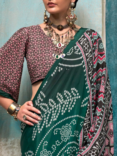 Sophisticated Green-Pink Pure Crepe Silk Saree with Digital Prints