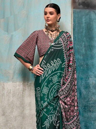 Sophisticated Green-Pink Pure Crepe Silk Saree with Digital Prints