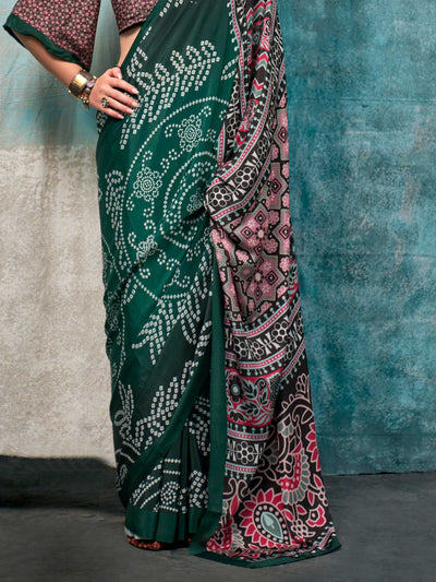 Sophisticated Green-Pink Pure Crepe Silk Saree with Digital Prints