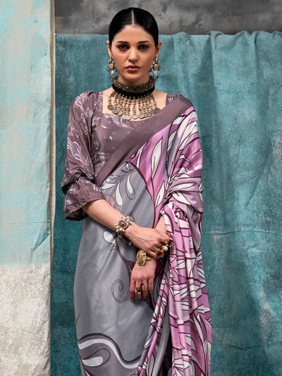 Elegant Lavender Grey-Mauve Pure Crepe Silk Saree with Kalamkari Prints