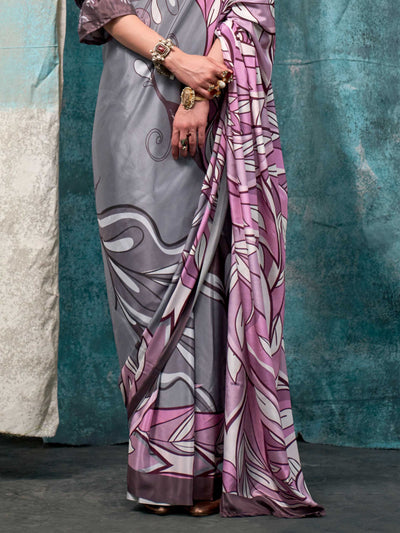 Elegant Lavender Grey-Mauve Pure Crepe Silk Saree with Kalamkari Prints