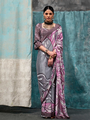 Delicate Lavender Grey-Mauve Kalamkari Print Pure Crepe Silk Saree. Shop online at House of Vardha.