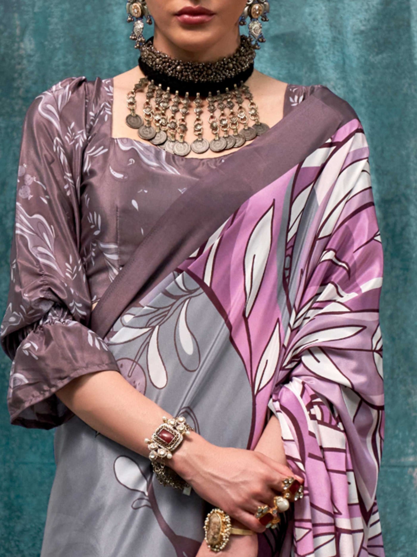 Elegant Lavender Grey-Mauve Pure Crepe Silk Saree with Kalamkari Prints