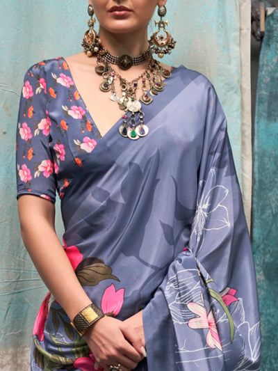 Elegant Silver Grey Pure Crepe Silk Saree with Kalamkari Prints