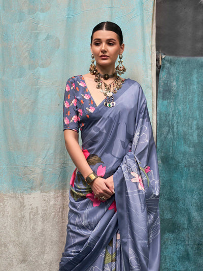 Elegant Silver Grey Pure Crepe Silk Saree with Kalamkari Prints