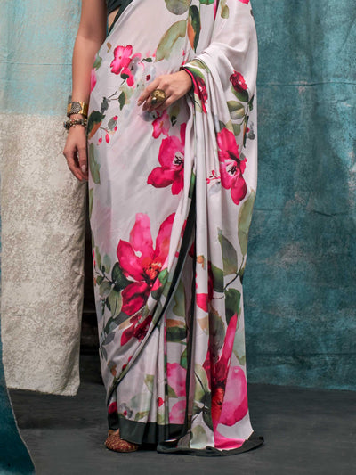 Charming White-Green Pure Crepe Silk Saree with Kalamkari Prints