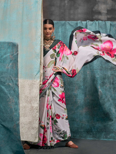 Charming White-Green Pure Crepe Silk Saree with Kalamkari Prints