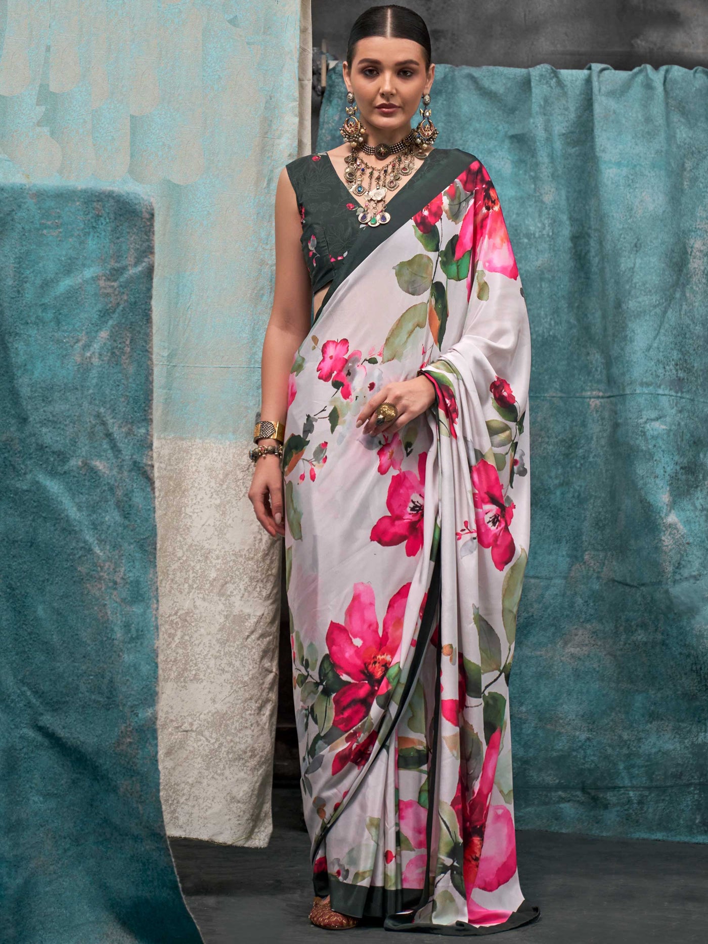 Charming White-Green Kalamkari Print Pure Crepe Silk Saree. Shop online at House of Vardha.