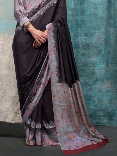 Refreshing Charcoal Grey Pure Crepe Silk Saree with Kalamkari Prints