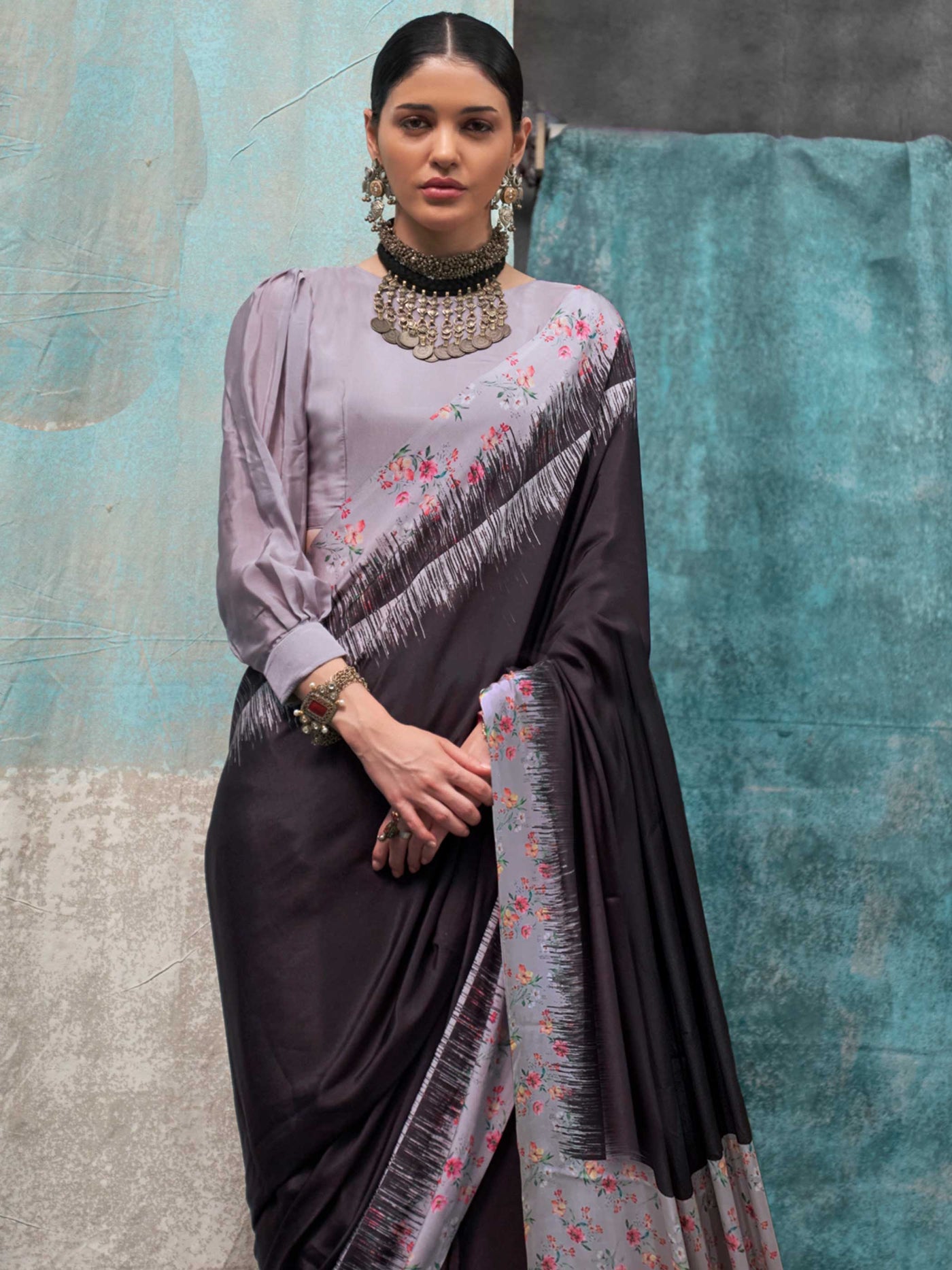 Refreshing Charcoal Grey Pure Crepe Silk Saree with Kalamkari Prints