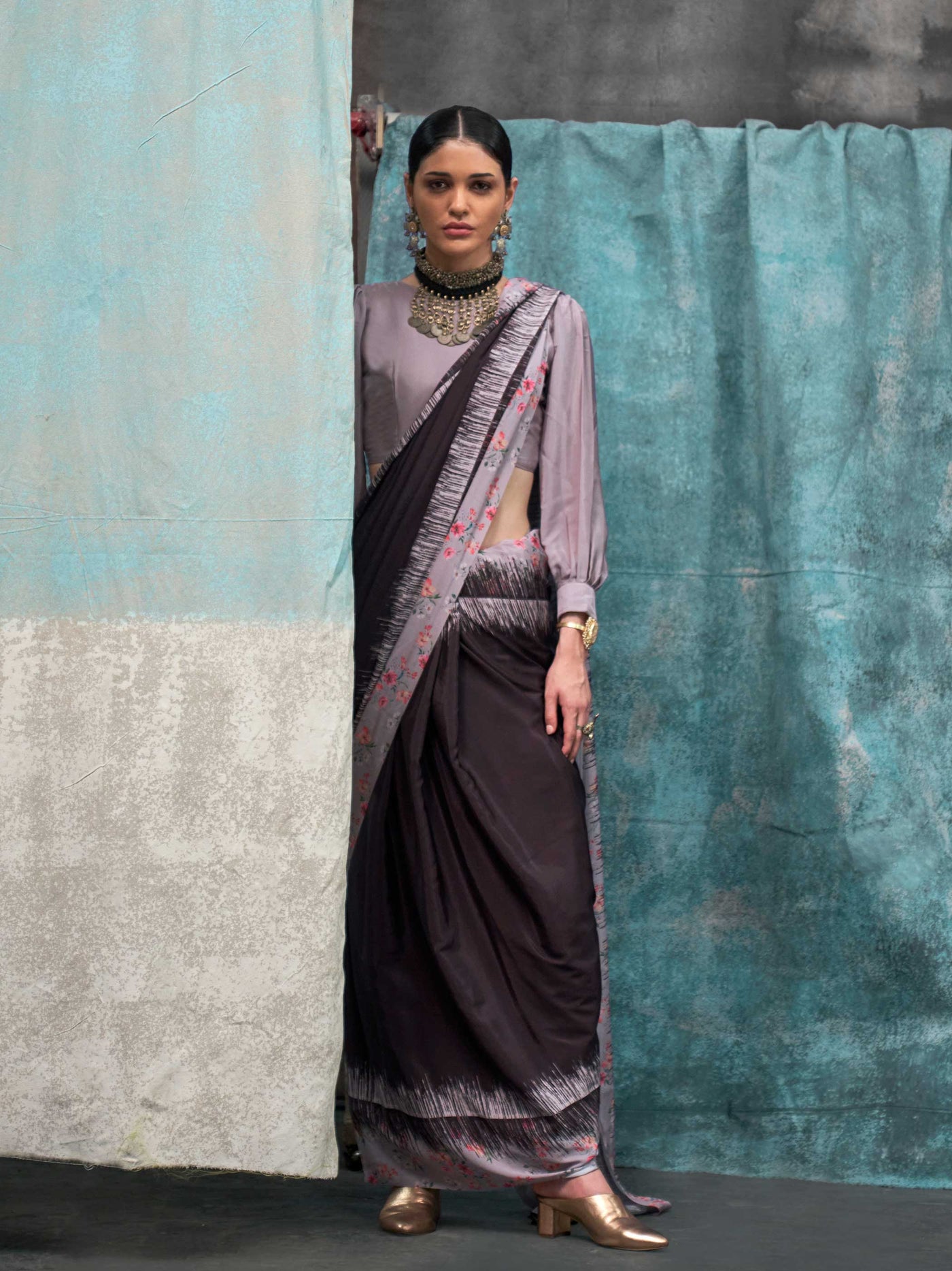 Refreshing Charcoal Grey Pure Crepe Silk Saree with Kalamkari Prints