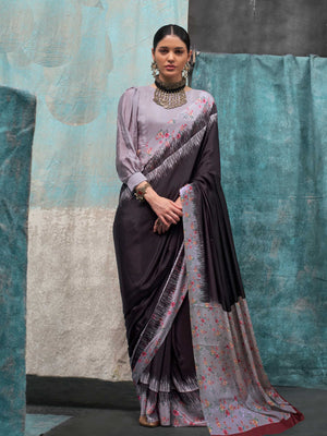 Refreshing Charcoal Grey Kalamkari Print Pure Crepe Silk Saree. Shop online at House of Vardha.