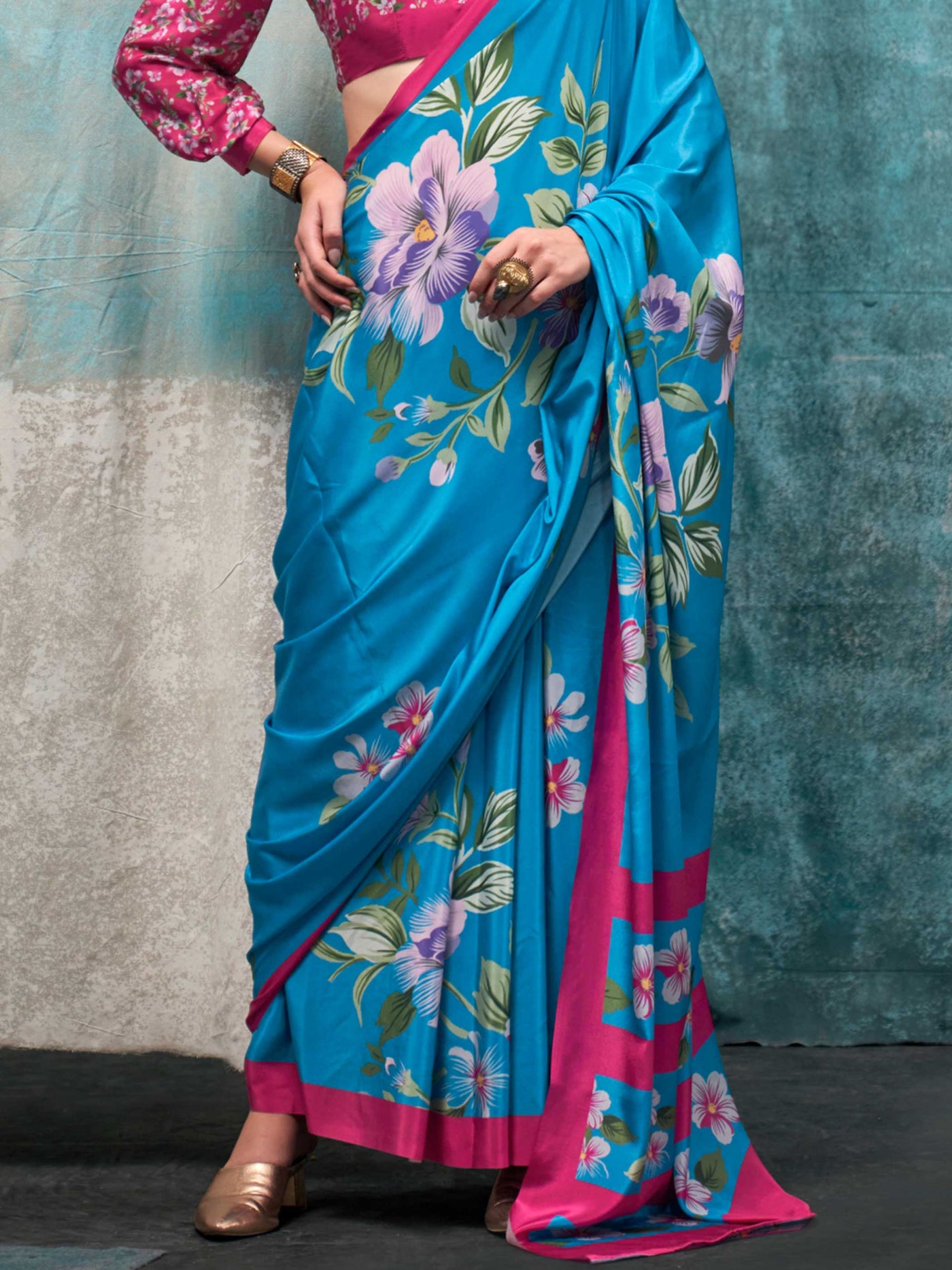 Classic Turquoise Blue Pure Crepe Silk Saree with Kalamkari Prints