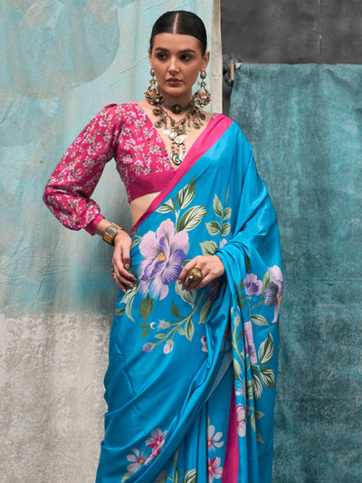 Classic Turquoise Blue Pure Crepe Silk Saree with Kalamkari Prints