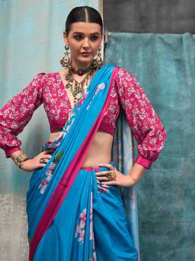 Classic Turquoise Blue Pure Crepe Silk Saree with Kalamkari Prints