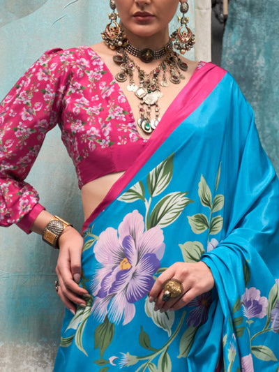 Classic Turquoise Blue Pure Crepe Silk Saree with Kalamkari Prints