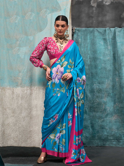 Classic Turquoise Blue Kalamkari Print Pure Crepe Silk Saree. Shop online at House of Vardha.