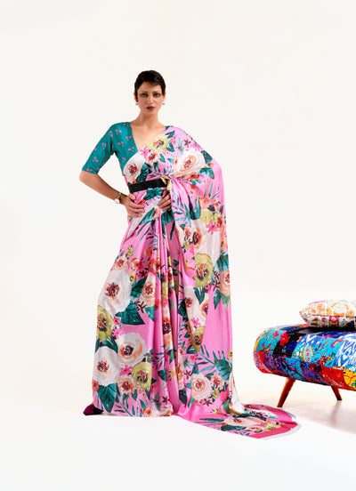 Creamy Pink Digital Printed Soft Crepe Saree with Bollywood Drape & Floral Patterns