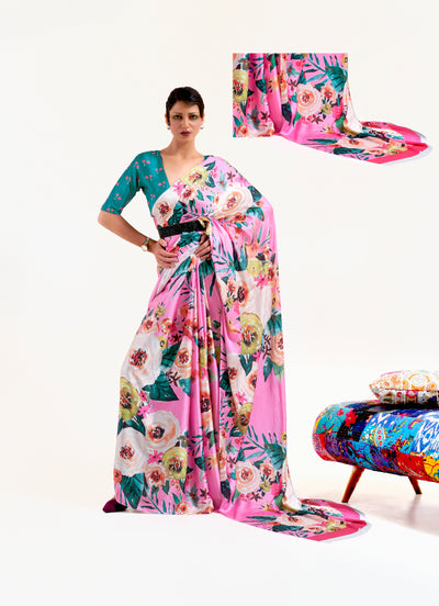 Creamy Pink Digital Printed Soft Crepe Saree with Bollywood Drape & Floral Patterns