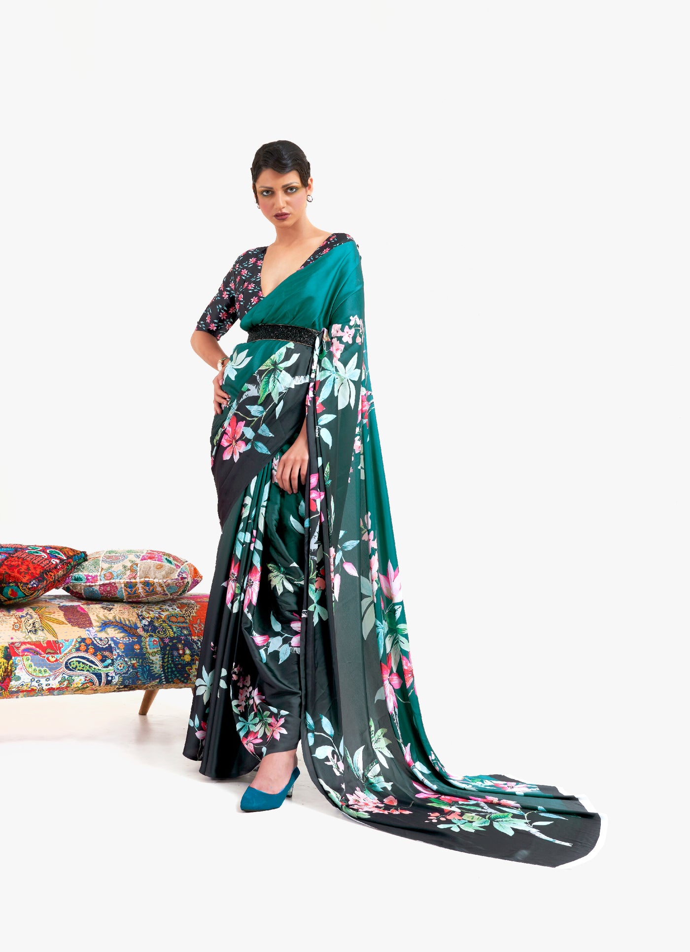 Teal Green-Black Digital Printed Soft Crepe Saree with Bollywood Drape & Floral Patterns