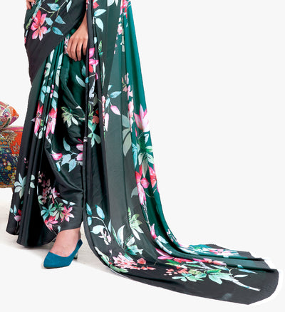 Teal Green-Black Digital Printed Soft Crepe Saree with Bollywood Drape & Floral Patterns