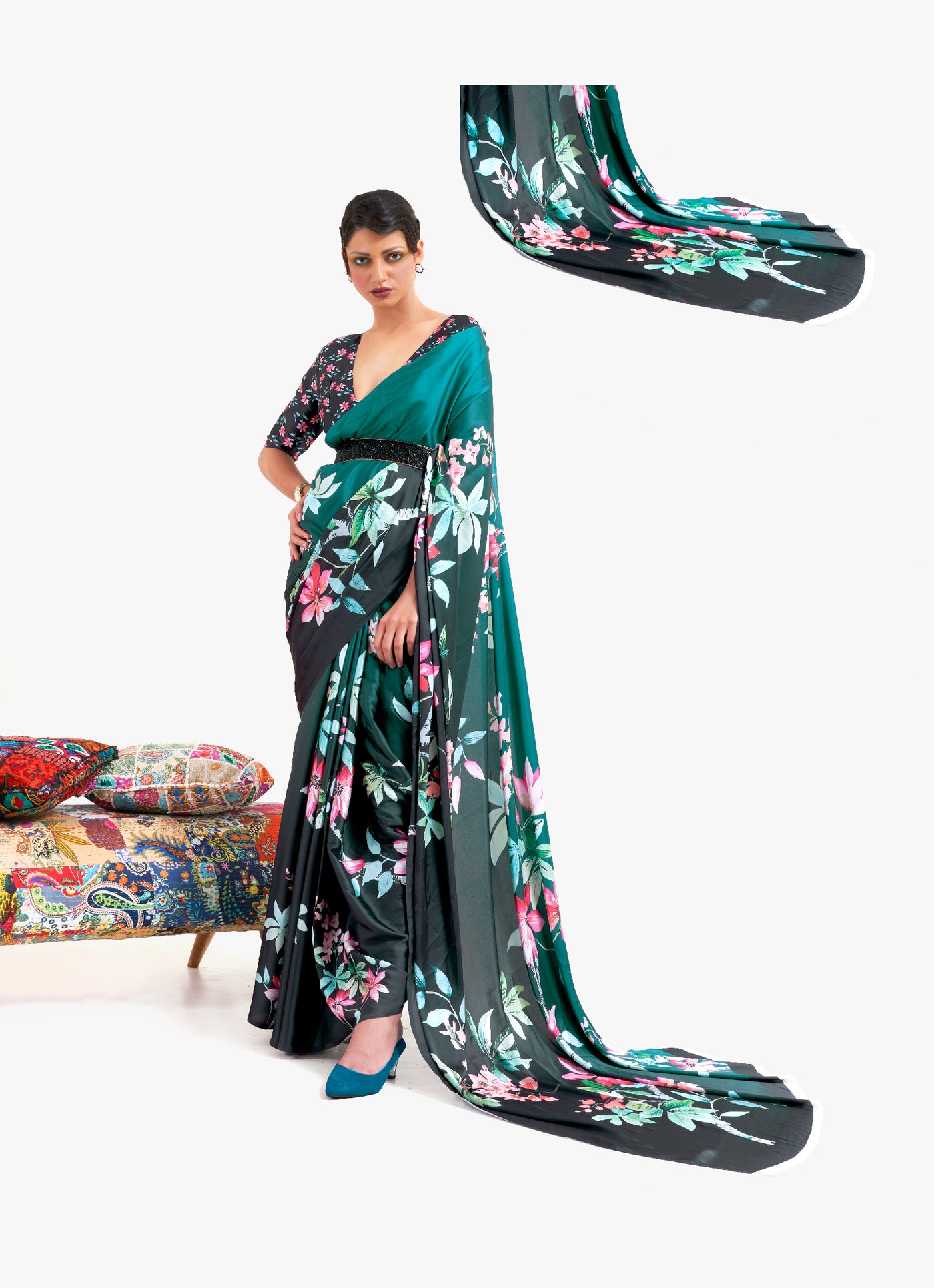 Teal Green-Black Digital Printed Soft Crepe Saree with Bollywood Drape & Floral Patterns