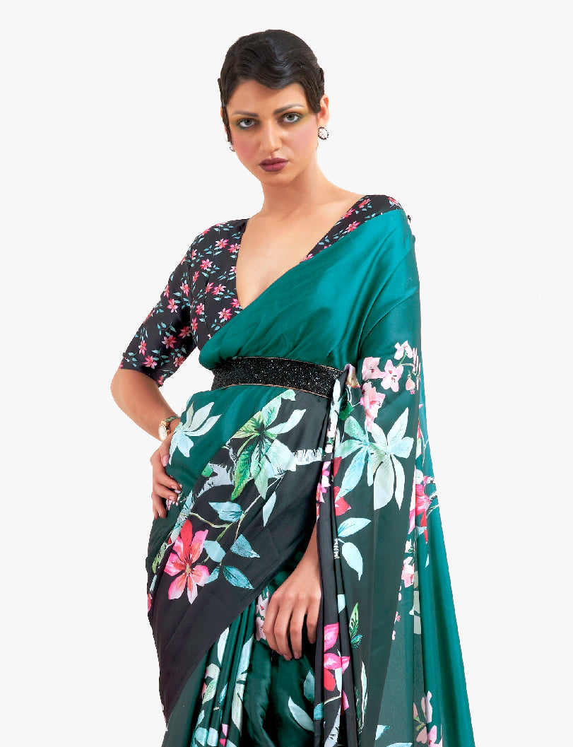 Teal Green-Black Digital Printed Soft Crepe Saree with Bollywood Drape & Floral Patterns