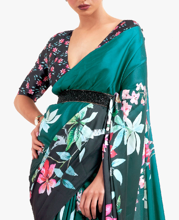 Teal Green-Black Digital Printed Soft Crepe Saree with Bollywood Drape & Floral Patterns