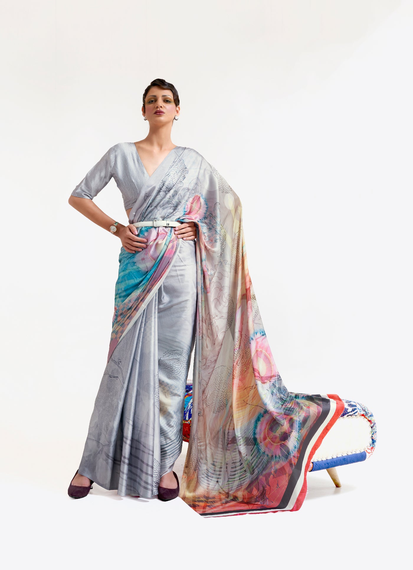 Silver Grey-Blue Digital Printed Soft Crepe Saree with Bollywood Drape & Floral Patterns