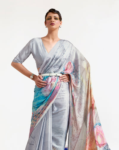 Silver Grey-Blue Digital Printed Soft Crepe Saree with Bollywood Drape & Floral Patterns