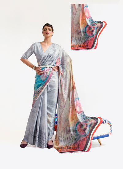 Silver Grey-Blue Digital Printed Soft Crepe Saree with Bollywood Drape & Floral Patterns