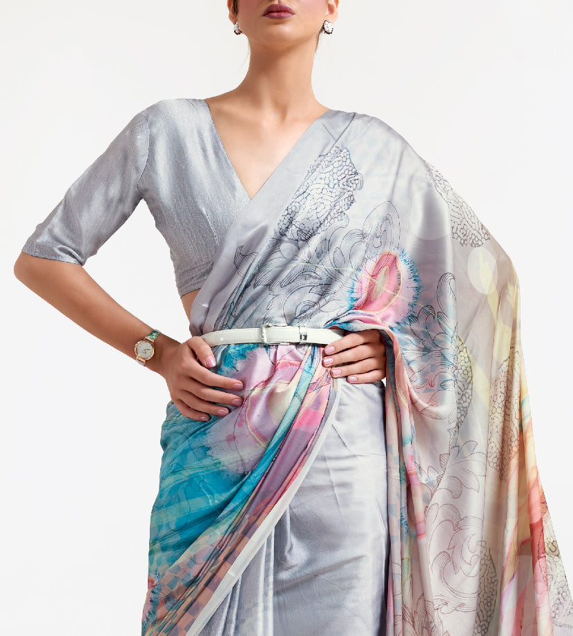 Silver Grey-Blue Digital Printed Soft Crepe Saree with Bollywood Drape & Floral Patterns