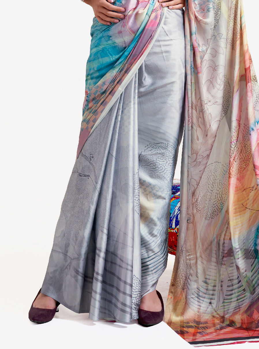 Silver Grey-Blue Digital Printed Soft Crepe Saree with Bollywood Drape & Floral Patterns